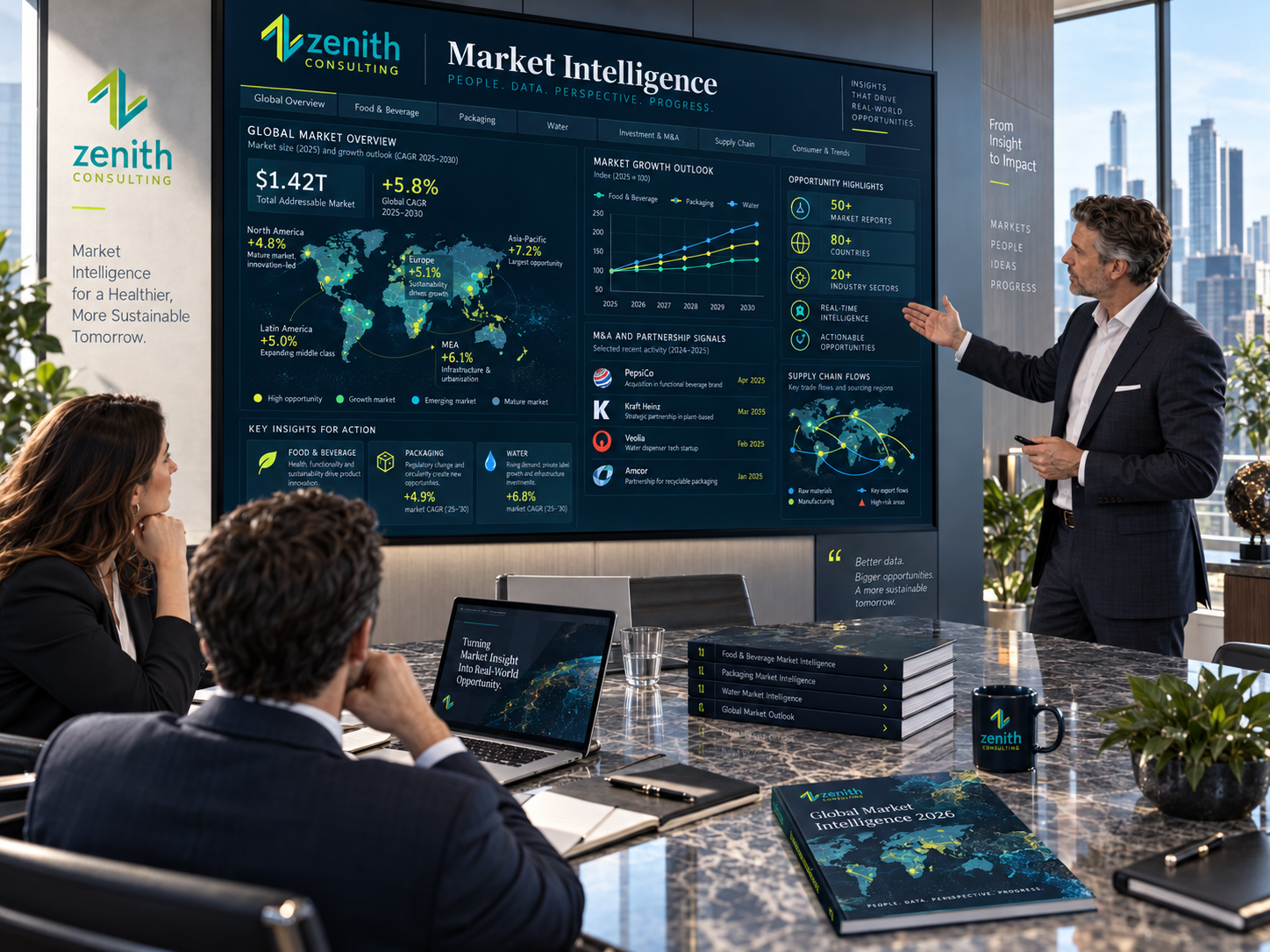 Market Insights dashboard showing global food and beverage market overview